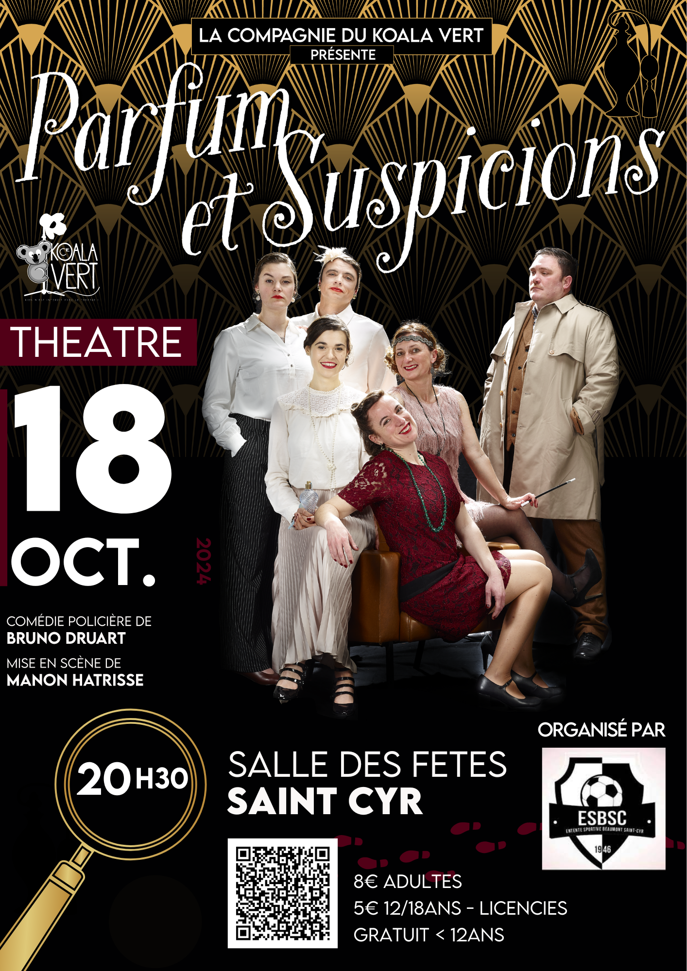 Affiche de la pièce de théâtre "parfum et suspicions" par la compagnie du koala vert et les représentations des 18 et 19 septembre à Beaumont Saint-Cyr et Availles en Chatellerault